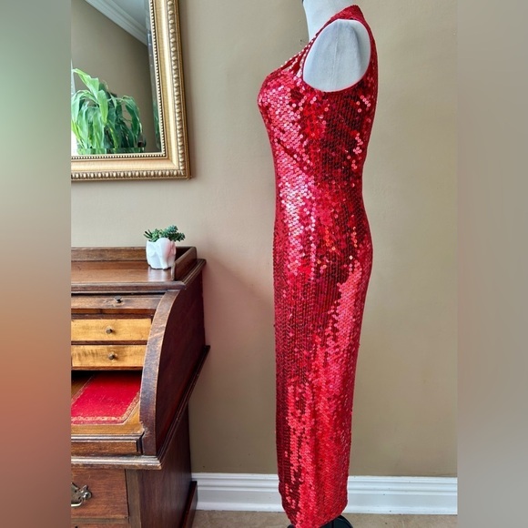 Vintage Niteline Della Roufogali Red Sequin Beaded Gown Maxi Dress Size 12 - Picture 4 of 12